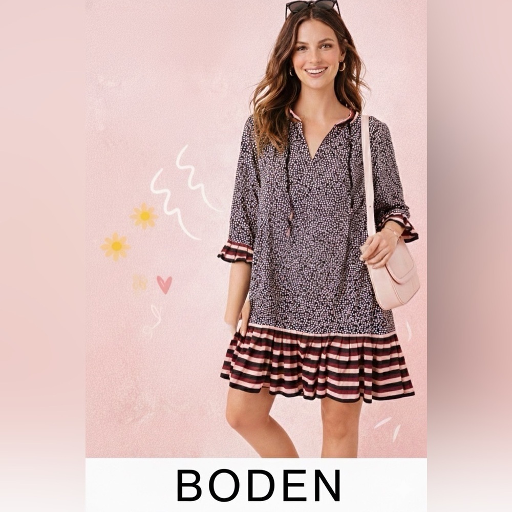 Boden Black and Pink Polka Dots and Striped Ruffle Hem Dress size by 8P